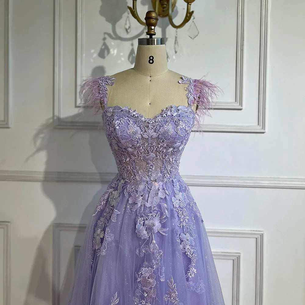 Serene Hill 2025 Lilac Spaghetti Strap Lace-Up Back A-Line Appliques Feathers Prom Dress for Women | Wedding Party LA72623 - SERENE HILL