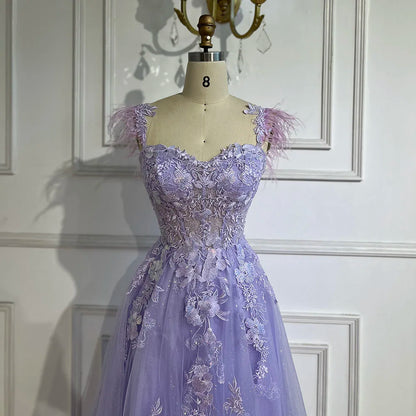Serene Hill 2025 Lilac Spaghetti Strap Lace-Up Back A-Line Appliques Feathers Prom Dress for Women | Wedding Party LA72623 - SERENE HILL