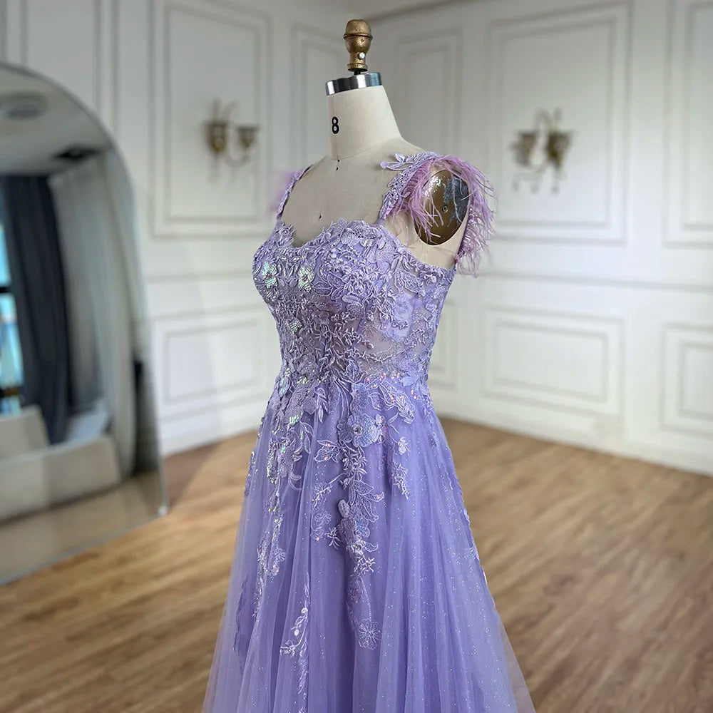 Serene Hill 2025 Lilac Spaghetti Strap Lace-Up Back A-Line Appliques Feathers Prom Dress for Women | Wedding Party LA72623 - SERENE HILL