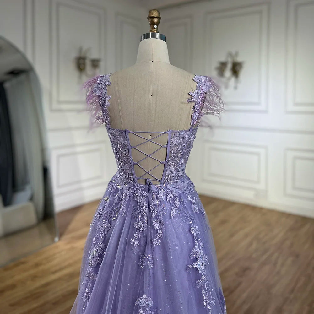 Serene Hill 2025 Lilac Spaghetti Strap Lace-Up Back A-Line Appliques Feathers Prom Dress for Women | Wedding Party LA72623 - SERENE HILL