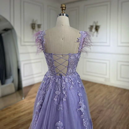 Serene Hill 2025 Lilac Spaghetti Strap Lace-Up Back A-Line Appliques Feathers Prom Dress for Women | Wedding Party LA72623 - SERENE HILL
