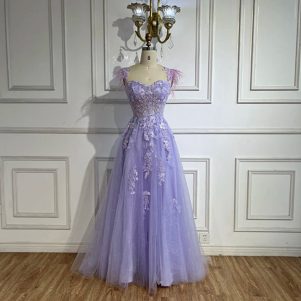 Serene Hill 2025 Lilac Spaghetti Strap Lace-Up Back A-Line Appliques Feathers Prom Dress for Women | Wedding Party LA72623 - SERENE HILL