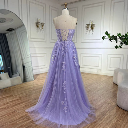 Serene Hill 2025 Lilac Spaghetti Strap Lace-Up Back A-Line Appliques Feathers Prom Dress for Women | Wedding Party LA72623 - SERENE HILL