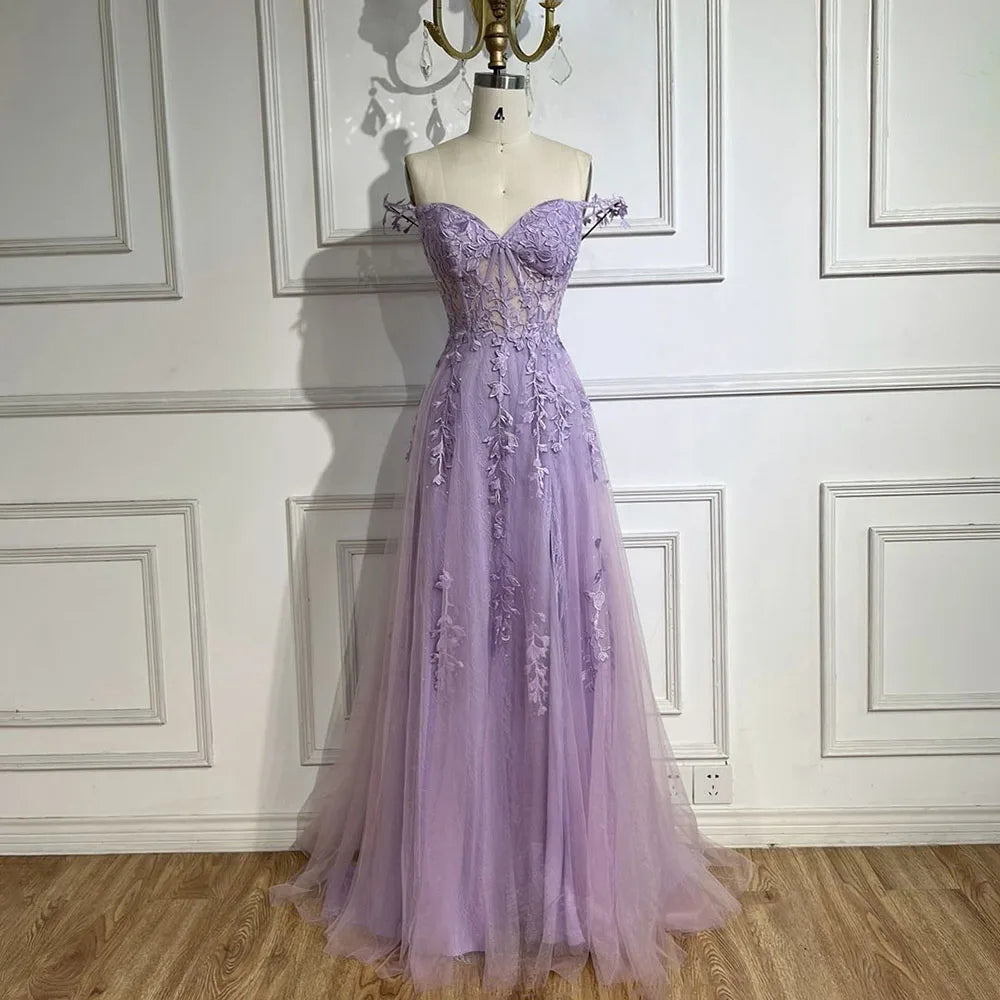 Serene Hill 2025 Lilac Spaghetti Strap Lace-Up Back A-Line Appliqué Prom Dress for Women | Wedding Party LA72620 - SERENE HILL