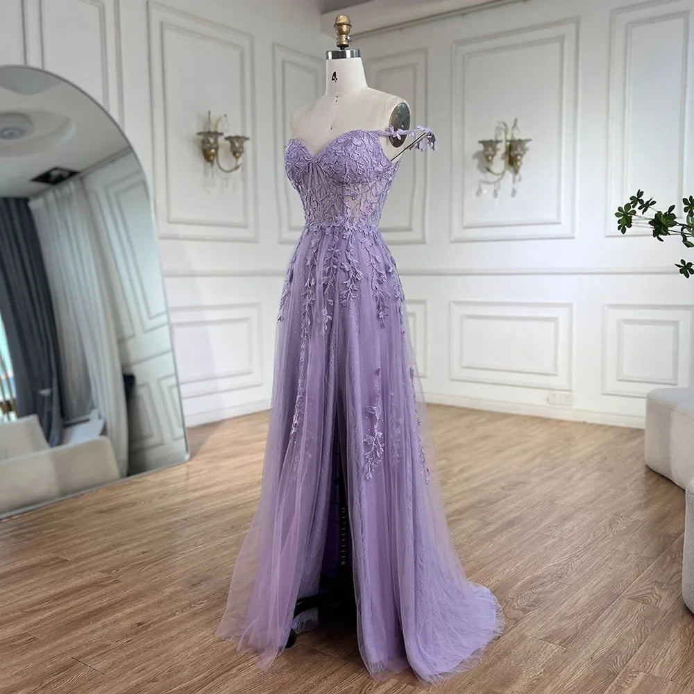 Serene Hill 2025 Lilac Spaghetti Strap Lace-Up Back A-Line Appliqué Prom Dress for Women | Wedding Party LA72620 - SERENE HILL