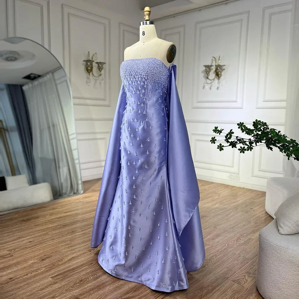 Serene Hill 2025 Lilac Spaghetti Strap Mermaid Evening Gown Satin Shawl Luxury Beaded Women&