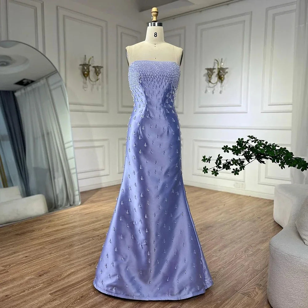 Serene Hill 2025 Lilac Spaghetti Strap Mermaid Evening Gown Satin Shawl Luxury Beaded Women&