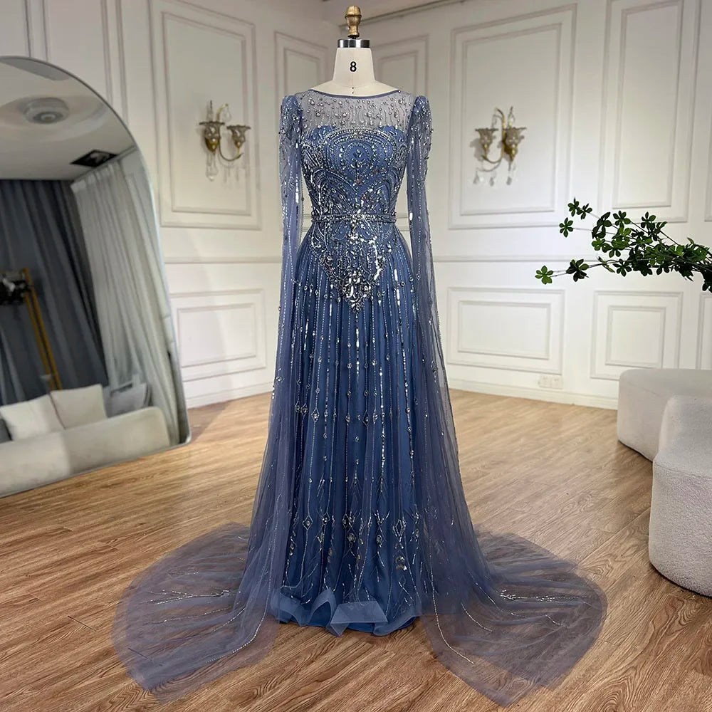 Luxury Designer Blue Beaded Stone Arabic Evening Dress With Cape Sleeve LA72635 - SERENE HILL