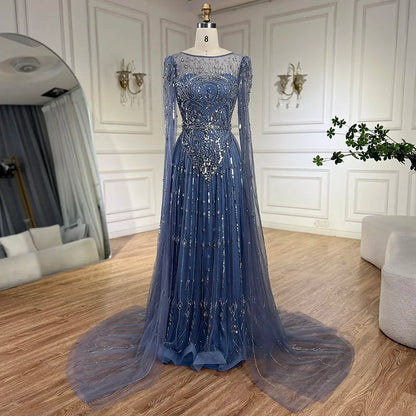 Luxury Designer Blue Beaded Stone Arabic Evening Dress With Cape Sleeve LA72635 - SERENE HILL