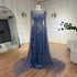 Luxury Designer Blue Beaded Stone Arabic Evening Dress With Cape Sleeve LA72635 - SERENE HILL