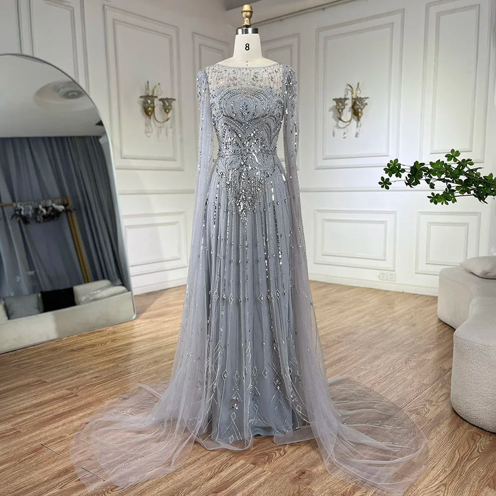 Luxury Designer Blue Beaded Stone Arabic Evening Dress With Cape Sleeve LA72635 - SERENE HILL