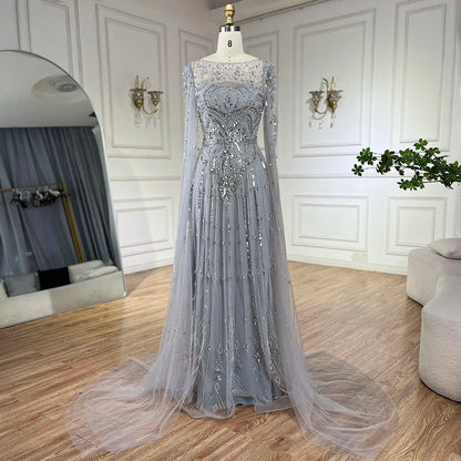 Luxury Designer Blue Beaded Stone Arabic Evening Dress With Cape Sleeve LA72635 - SERENE HILL