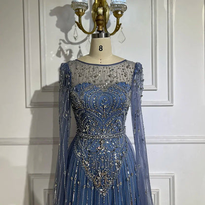 Luxury Designer Blue Beaded Stone Arabic Evening Dress With Cape Sleeve LA72635 - SERENE HILL
