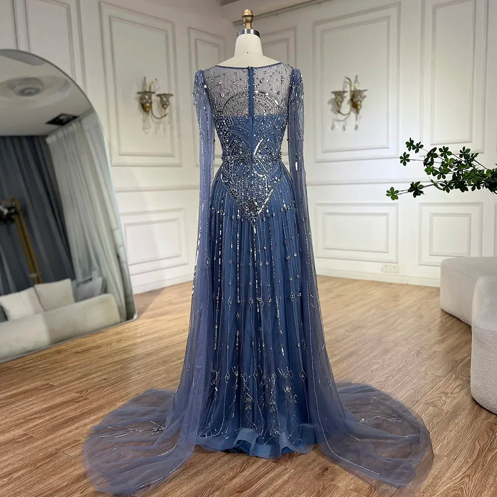 Luxury Designer Blue Beaded Stone Arabic Evening Dress With Cape Sleeve LA72635 - SERENE HILL