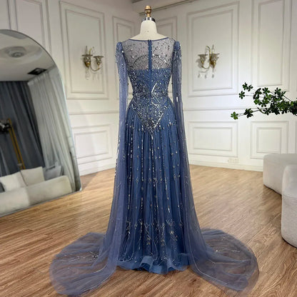 Luxury Designer Blue Beaded Stone Arabic Evening Dress With Cape Sleeve LA72635 - SERENE HILL