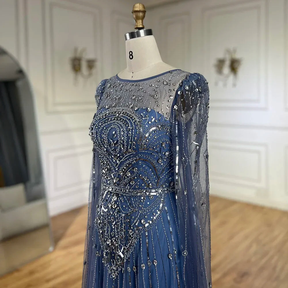 Luxury Designer Blue Beaded Stone Arabic Evening Dress With Cape Sleeve LA72635 - SERENE HILL