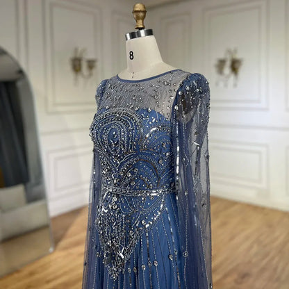 Luxury Designer Blue Beaded Stone Arabic Evening Dress With Cape Sleeve LA72635 - SERENE HILL