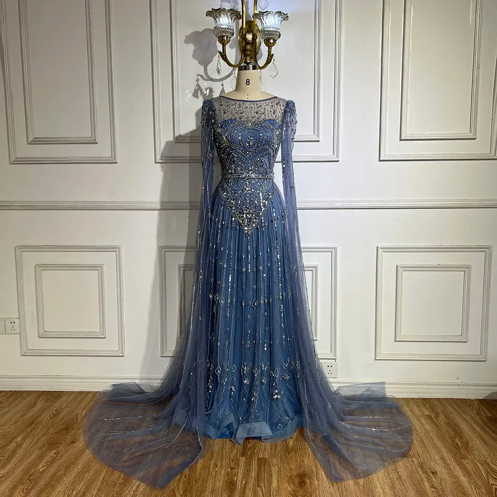Luxury Designer Blue Beaded Stone Arabic Evening Dress With Cape Sleeve LA72635 Blue / 4