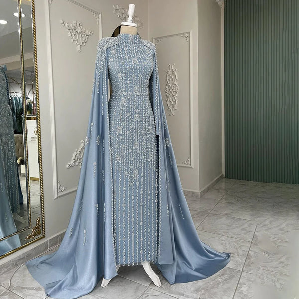 Modest Blue Muslim Beaded Evening Gown with Cape Sleeves LA72533