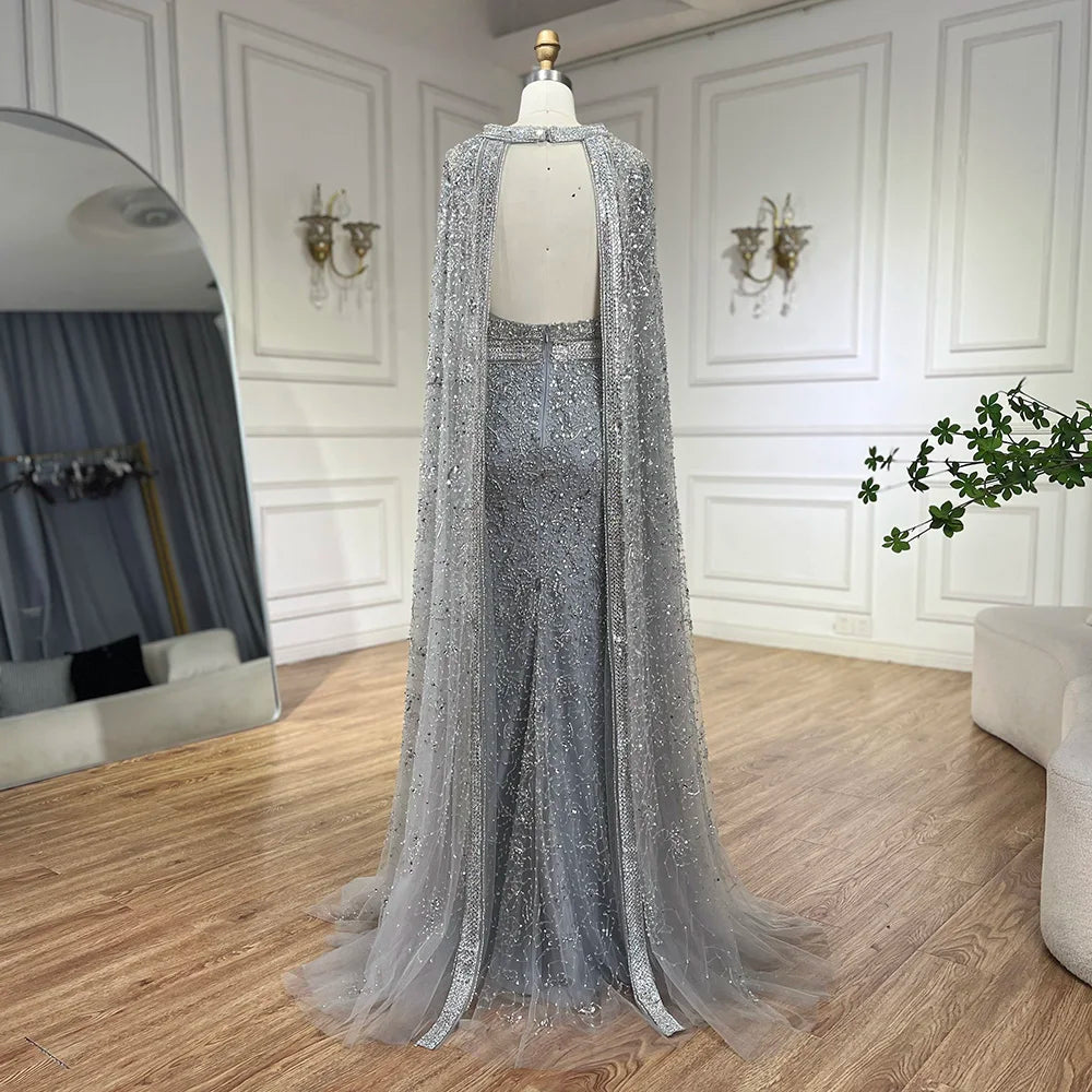 Luxury Gray Arabic Mermaid Evening Dress with Cape LA72180 - SERENE HILL