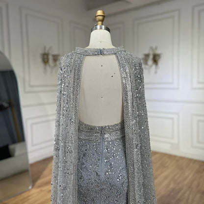 Luxury Gray Arabic Mermaid Evening Dress with Cape LA72180 - SERENE HILL