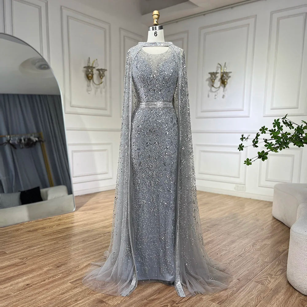 Luxury Gray Arabic Mermaid Evening Dress with Cape LA72180 - SERENE HILL