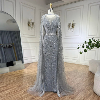 Luxury Gray Arabic Mermaid Evening Dress with Cape LA72180 - SERENE HILL