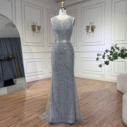 Luxury Gray Arabic Mermaid Evening Dress with Cape LA72180 - SERENE HILL