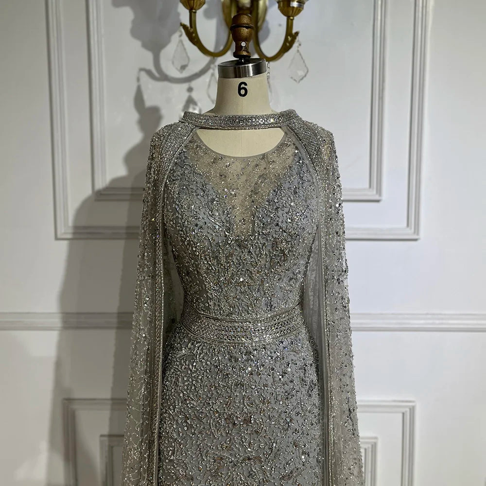 Luxury Gray Arabic Mermaid Evening Dress with Cape LA72180 - SERENE HILL
