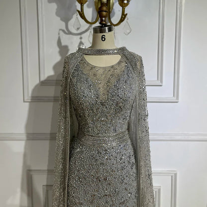 Luxury Gray Arabic Mermaid Evening Dress with Cape LA72180 - SERENE HILL