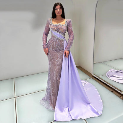 Serene Hill 2025 Luxury Dubai Lilac Mermaid Dress with Satin Overskirt Beaded Evening Gown for Women Wedding Party LA72534 - SERENE HILL