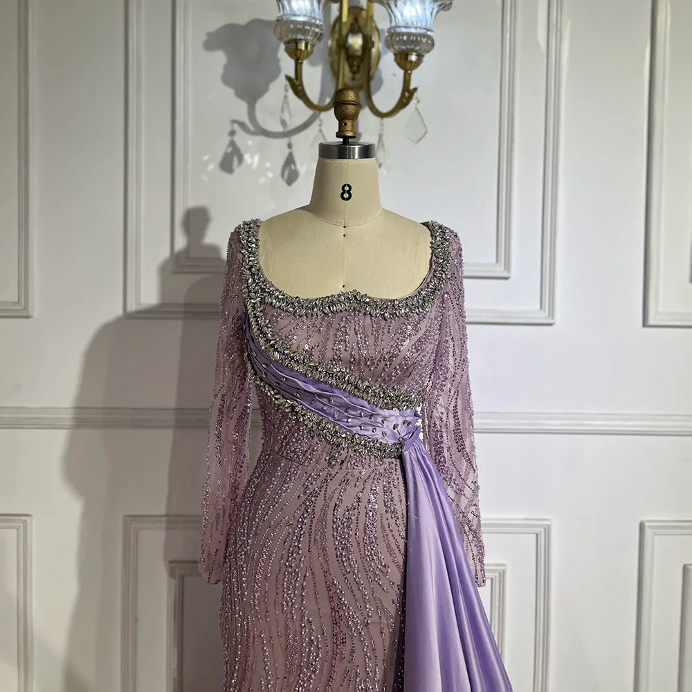 Serene Hill 2025 Luxury Dubai Lilac Mermaid Dress with Satin Overskirt Beaded Evening Gown for Women Wedding Party LA72534 - SERENE HILL