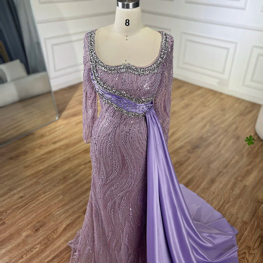 Serene Hill 2025 Luxury Dubai Lilac Mermaid Dress with Satin Overskirt Beaded Evening Gown for Women Wedding Party LA72534 - SERENE HILL