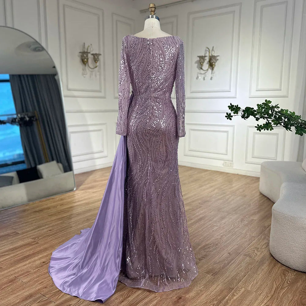Serene Hill 2025 Luxury Dubai Lilac Mermaid Dress with Satin Overskirt Beaded Evening Gown for Women Wedding Party LA72534 - SERENE HILL