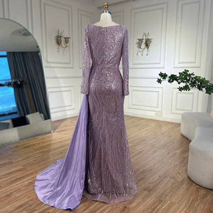 Serene Hill 2025 Luxury Dubai Lilac Mermaid Dress with Satin Overskirt Beaded Evening Gown for Women Wedding Party LA72534 - SERENE HILL