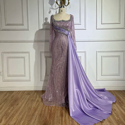 Serene Hill 2025 Luxury Dubai Lilac Mermaid Dress with Satin Overskirt Beaded Evening Gown for Women Wedding Party LA72534 - SERENE HILL