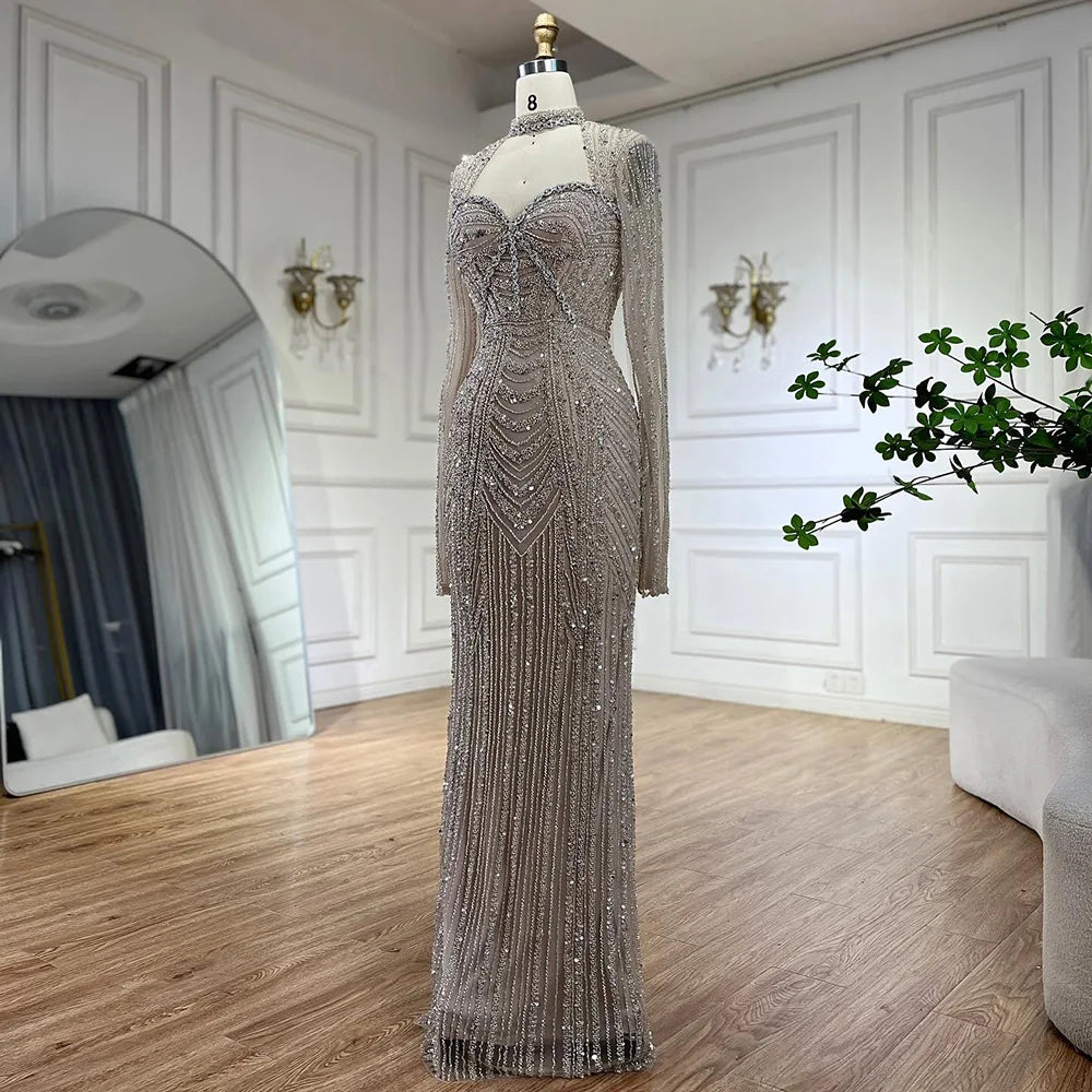 Serene Hill Luxury Dubai Nude Sweetheart Mermaid Beaded Evening Gowns with Back Split for Women&