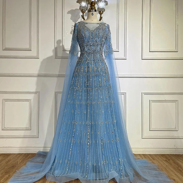 Serene Hill  Muslim A-Line Blue Beaded Luxury Evening Gowns with Cape Sleeves for Women's Party Dubai LA72666