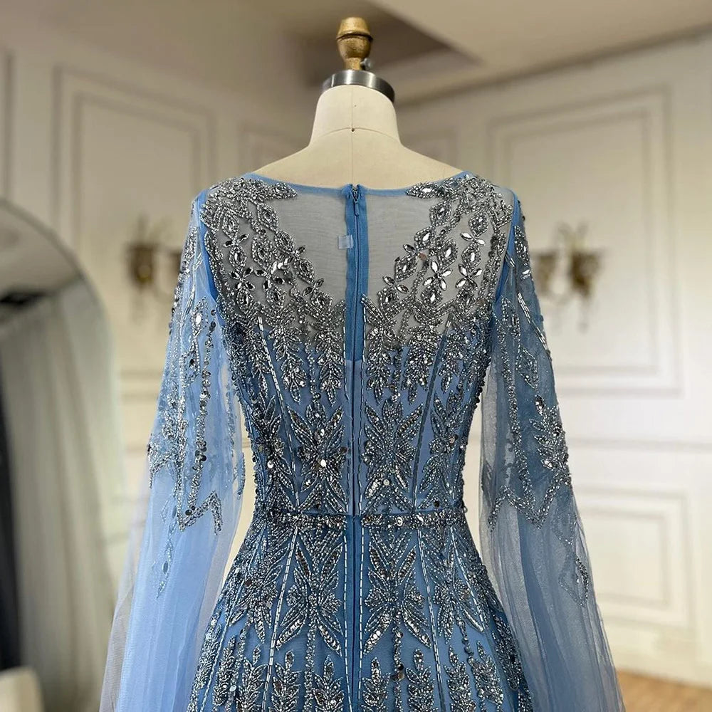 Luxury Blue A-Line Evening Dress with Beaded Cape Sleeves LA72666 - SERENE HILL