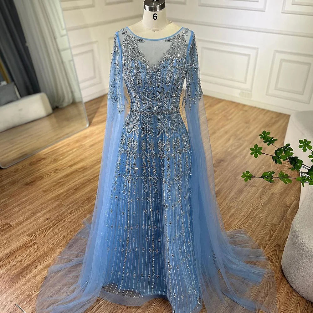 Luxury Blue A-Line Evening Dress with Beaded Cape Sleeves LA72666 - SERENE HILL