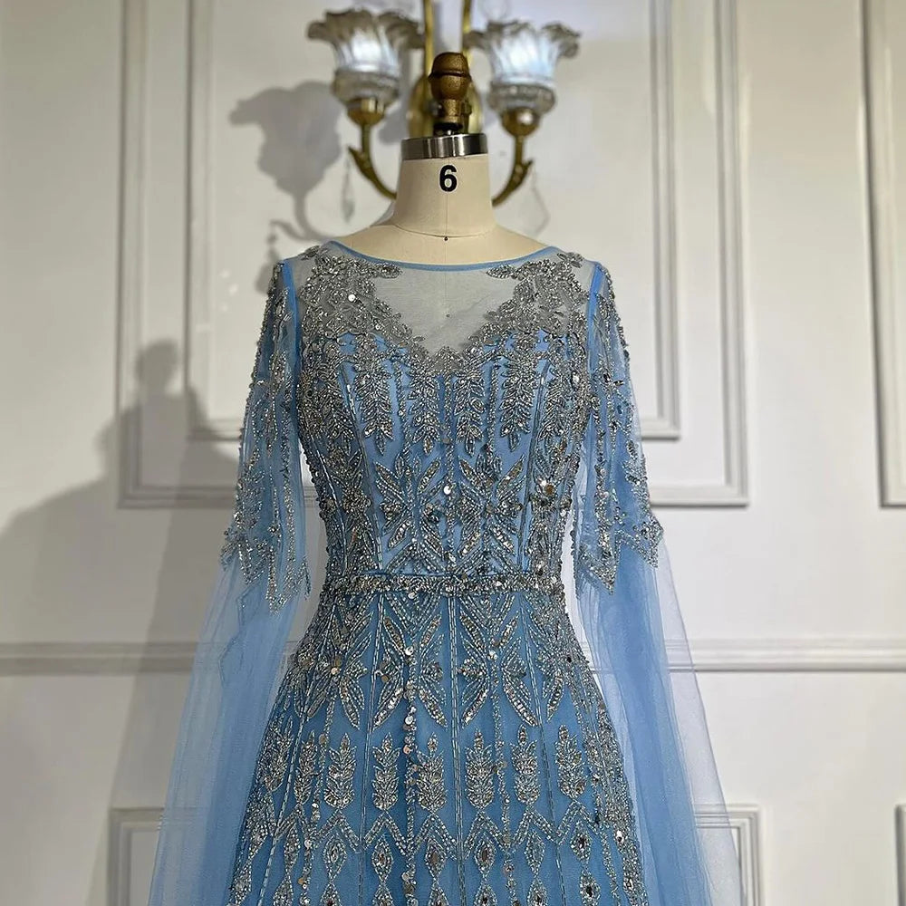 Luxury Blue A-Line Evening Dress with Beaded Cape Sleeves LA72666 - SERENE HILL