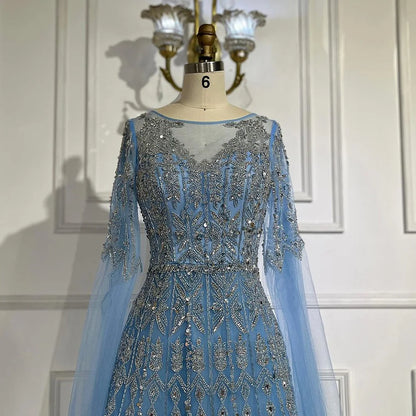 Luxury Blue A-Line Evening Dress with Beaded Cape Sleeves LA72666 - SERENE HILL