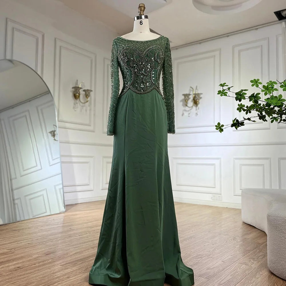 Serene Hill Muslim Elegant Green Satin Mermaid Beaded Luxury Dubai Evening Gown for Women&