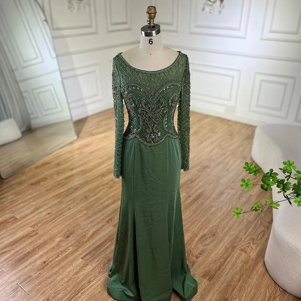 Serene Hill Muslim Elegant Green Satin Mermaid Beaded Luxury Dubai Evening Gown for Women&