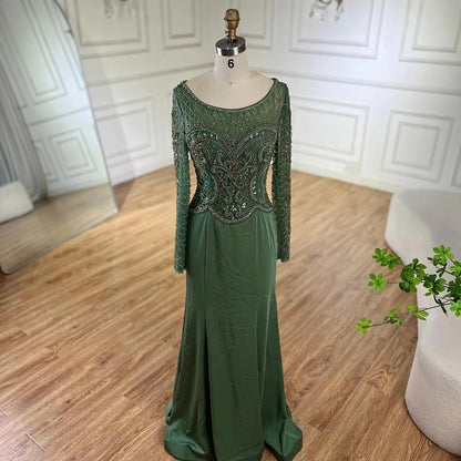 Serene Hill Muslim Elegant Green Satin Mermaid Beaded Luxury Dubai Evening Gown for Women&