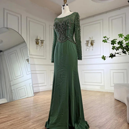 Serene Hill Muslim Elegant Green Satin Mermaid Beaded Luxury Dubai Evening Gown for Women&