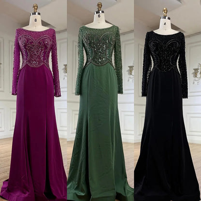 Serene Hill Muslim Elegant Green Satin Mermaid Beaded Luxury Dubai Evening Gown for Women&