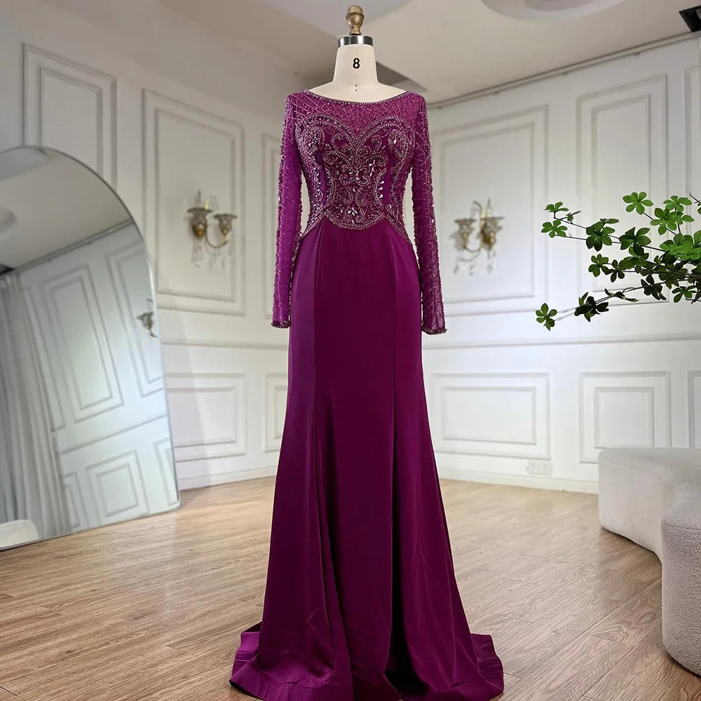 Serene Hill Muslim Elegant Green Satin Mermaid Beaded Luxury Dubai Evening Gown for Women&