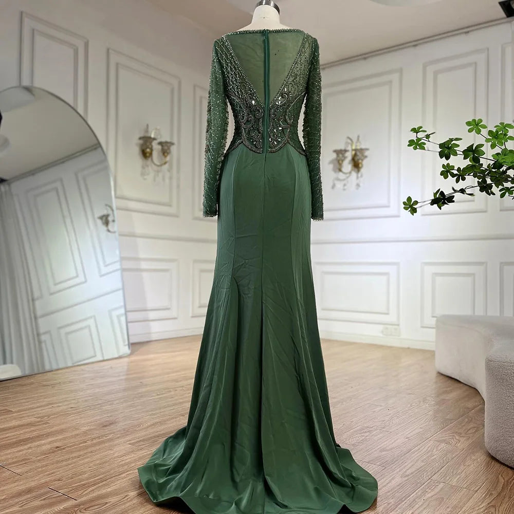 Serene Hill Muslim Elegant Green Satin Mermaid Beaded Luxury Dubai Evening Gown for Women&