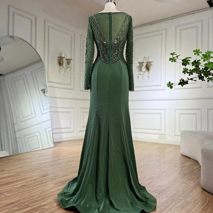 Serene Hill Muslim Elegant Green Satin Mermaid Beaded Luxury Dubai Evening Gown for Women&